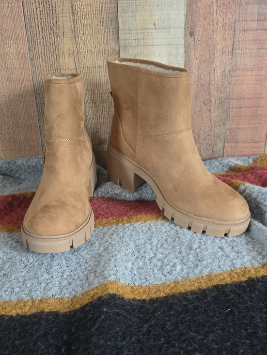 Sun And Stone Shoes - Chunky Lug Heel Suede Ankle Boots in Tan
